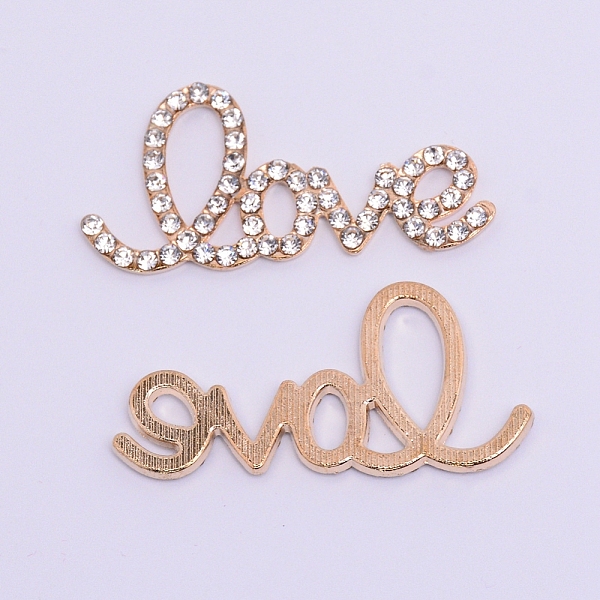 

PandaHall Alloy Rhinestone Cabochons, Word with Love, Cadmium Free & Lead Free, Champagne Gold, 22x45x2.5mm Alloy+Rhinestone Word Clear