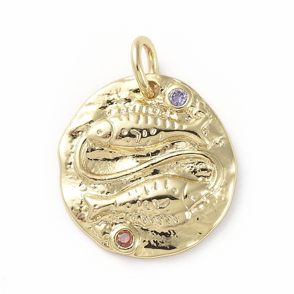 

PandaHall Brass Micro Pave Cubic Zirconia Pendants, with Jump Rings, Flat Round, Constellation, Colorful, Golden, Pisces, 14~15x2mm, Hole...