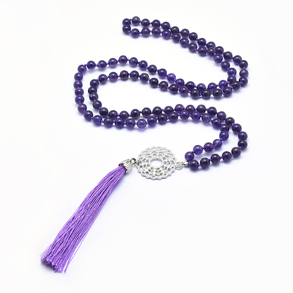 

PandaHall Alloy Pendant Necklaces, with Natural Amethyst Beads and Nolyn Tassels, 32.2 inch(82cm) Amethyst Purple