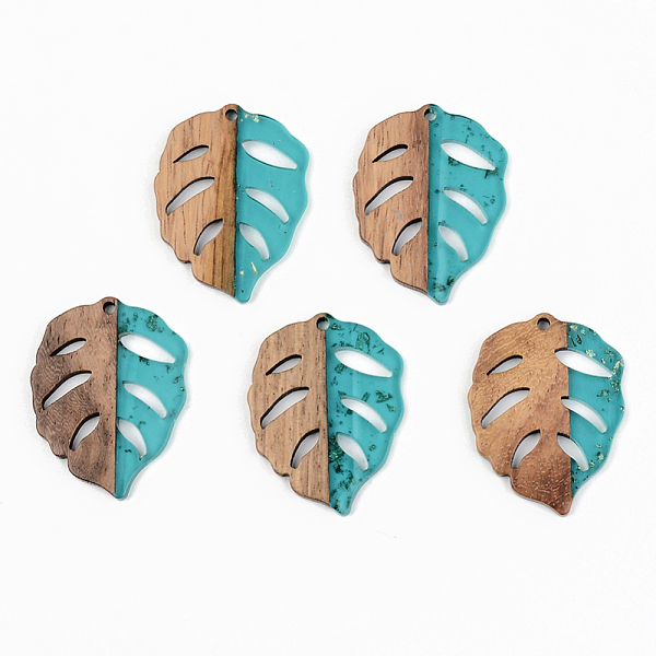 

PandaHall Transparent Resin & Walnut Wood Pendants, with Gold Foil, Leaf, Dark Turquoise, 37x28x3mm, Hole: 2mm Resin+Wood Leaf Cyan