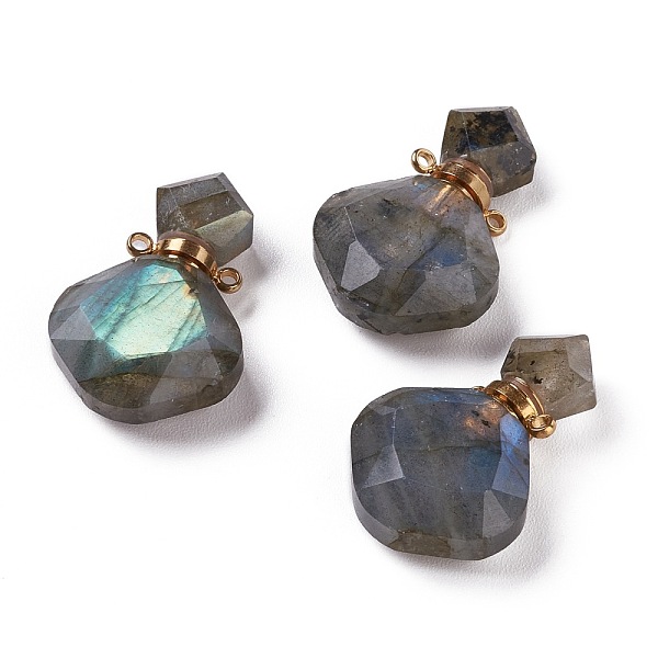 PandaHall Rhombus Natural Labradorite Perfume Bottle Pendants, with 304 Stainless Steel Findings, Faceted, Golden, 26~27x17~17.5x8~8.5mm...