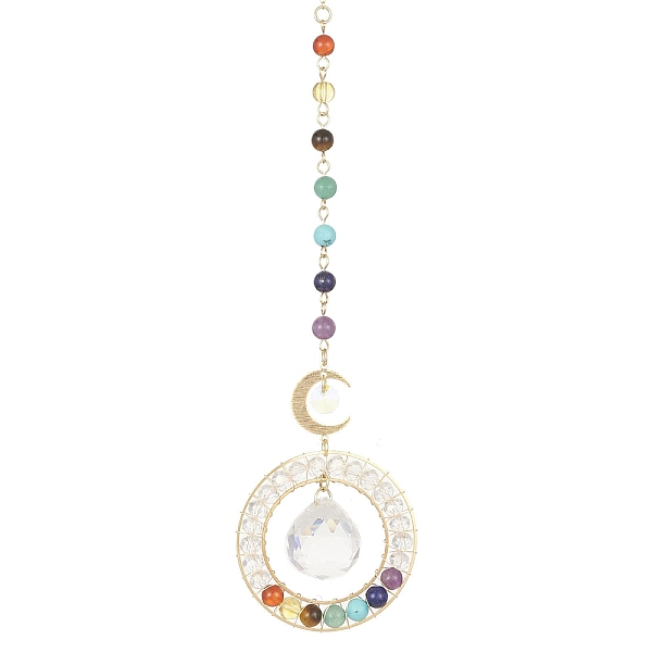 

PandaHall Glass Teardrop Pendant Decorations, lapis lazuli, with Chakra Gemstone Beads and Brass Moon Link, for Home Decoration, 245mm Mixed...