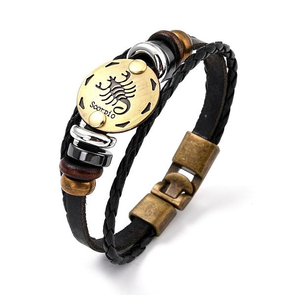 

PandaHall Braided Leather Cord Retro Multi-strand Bracelets, with Wood Beads, Hematite Beads and Alloy Findings, Flat Round, Antique Bronze..., Black
