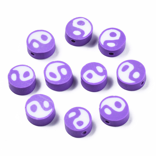 

PandaHall Handmade Polymer Clay Beads, Flat Round with Yin Yang, Purple, 9~10x9~10x4~7mm, Hole: 2mm Polymer Clay Flat Round Purple