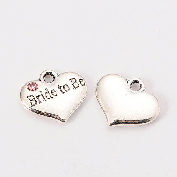 

PandaHall Wedding Theme Antique Silver Tone Tibetan Style Heart with Bride to Be Rhinestone Charms, Cadmium Free & Lead Free, Light Rose..., Pink