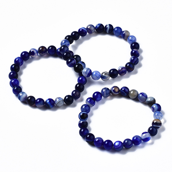

PandaHall Natural Striped Agate/Banded Agate Beaded Stretch Bracelets, Dyed, Round, Royal Blue, 2-1/8 inch(55mm) Natural Agate Blue