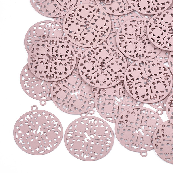 

PandaHall 430 Stainless Steel Filigree Pendants, Spray Painted, Etched Metal Embellishments, Flat Round, Pink, 22x20x0.3mm, Hole: 1.5mm 430...