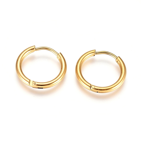 304 Stainless Steel Huggie Hoop Earrings, with 316 Surgical Stainless Steel Pin, Ion Plating(IP), Ring, Real 18K Gold Plated, 16x2mm, 12 Gauge, Pin: 0.9mm