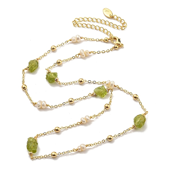 

PandaHall Natural Pearl & Natural Peridot Beaded Necklaces, Brass Jewelry for Women, Real 14K Gold Filled, 17.32 inch(44cm) Peridot Oval