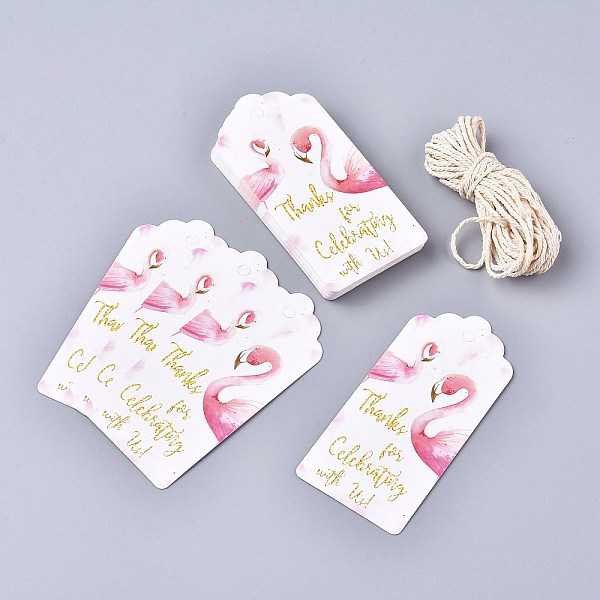 PandaHall Paper Gift Tags, Hang Tags, with Cotton Cord, for Wedding/Valentine's Day/Thanksgiving, Rectangle, Flamingo Pattern...