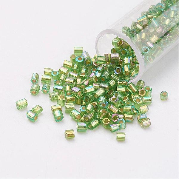 

PandaHall 11/0 Two Cut Round Hole Glass Seed Beads, Hexagon, Silver Lined, Rainbow Plated, Yellow Green, 2x2mm, Hole: 0.5mm, about...