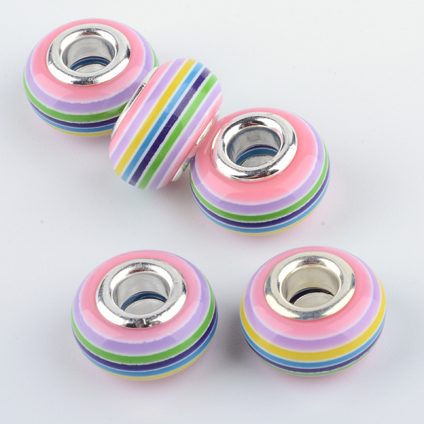 

PandaHall Resin European Beads, Large Hole Beads, with Silver Plated Brass Double Cores, Stripe, Rondelle, Pink, 14x8~8.5mm, Hole: 5mm...