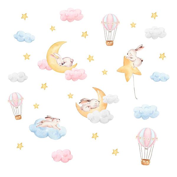 PandaHall SUPERDANT Colorful Cloud Rabbit Wall Sticker Moon and Star Wall Decor Hot Air Balloon Wall Decals Vinyl Wall Art Decal for for...
