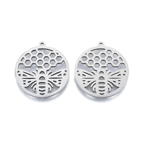 

PandaHall 201 Stainless Steel Pendant, Hollow Charms, Flat Round with Bee, Stainless Steel Color, 27x25x1.5mm, Hole: 1.4mm 201 Stainless...