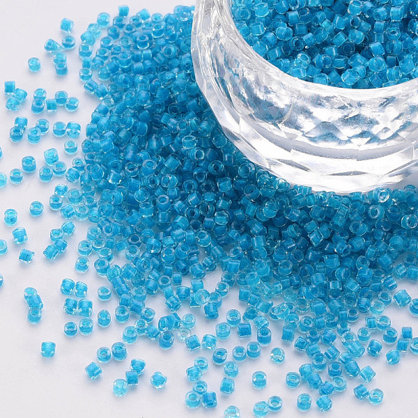 PandaHall Glass Cylinder Beads, Seed Beads, Inside Colours, Round Hole, Deep Sky Blue, 1.5~2x1~2mm, Hole: 0.8mm, about 8000pcs/bag, about...