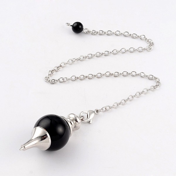 

PandaHall Natural Obsidian Sphere Dowsing Pendulums, with Platinum Tone Brass Cross Chain & Lobster Claw Clasps, 225~240mm Obsidian Round