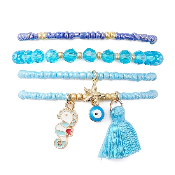 

PandaHall 4Pcs 4 Style Evil Eye Valentine's Theme Alloy Enamel & Polycotton(Polyester Cotton) Tassel Charm Bracelets Set, Glass Beaded...
