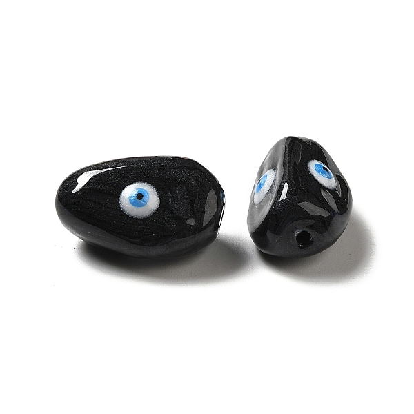 PandaHall Opaque Glass Beads, with Enamel, Oval with Evil Eye, Black, 19~20x10.5~13x10~11mm, Hole: 1.4mm Glass Oval Black