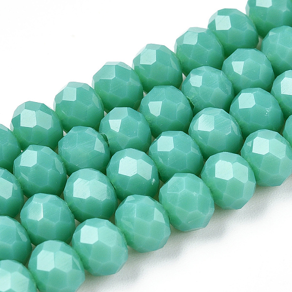 

PandaHall Opaque Solid Color Glass Beads Strands, Faceted, Rondelle, Light Sea Green, 6x5mm, Hole: 1mm, about 83~85pcs/strand, 38~39cm Glass...