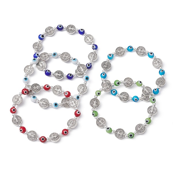 

PandaHall Evil Eye Lampwork & Alloy Beaded Stretch Bracelet, Saint Benedict Medal Bracelet, Mixed Color, Inner Diameter: 2-1/8 inch(5.45cm)..., Multicolor