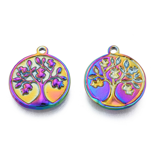 

PandaHall Rack Plating 304 Stainless Steel Pendants, Flat Round with Tree of Life, Rainbow Color, 18x15.5x2mm, Hole: 1.5mm 304 Stainless...