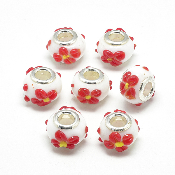 

PandaHall Handmade Lampwork European Beads, Bumpy Lampwork, with Platinum Brass Double Cores, Large Hole Beads, Rondelle with Flower, White...