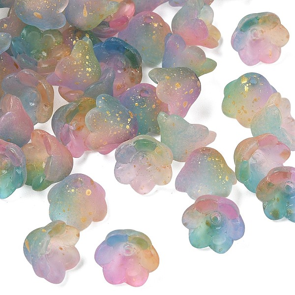 Frosted Glass Bead Cap, 6-Petal Flower, with Gold Powder, Colorful, 11x12x8mm, Hole: 1.4mm, about 1333pcs/1000g