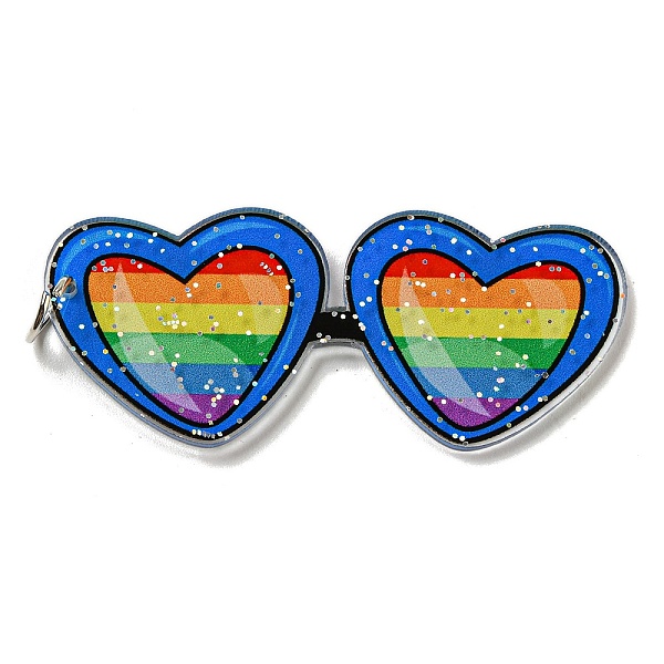 

PandaHall Double-Sided Printed Acrylic Big Pendants, with Iron Jump Ring and Glitter Powder, Heart Glasses with Rainbow Pattern, Royal Blue...