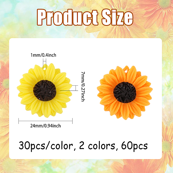 

PandaHall CHGCRAFT 60Pcs 2 Colors Resin Pendants, Sunflower Charms, Mixed Color, 24x7mm, Hole: 1mm, 30pcs/color Resin Flower Multicolor