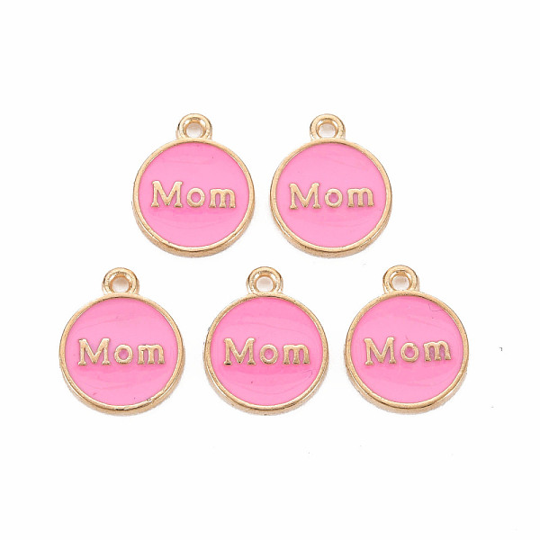 

PandaHall Alloy Enamel Charms, Cadmium Free & Lead Free, Light Gold, Flat Round with Mom, Pearl Pink, 14.5x12x2mm, Hole: 1.4mm Alloy+Enamel...