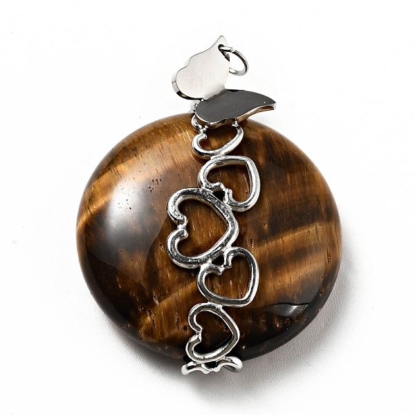 

PandaHall Natural Tiger Eye Pendants, Flat Round Charm, with Stainless Steel Color Tone Heart 304 Stainless Steel Findings, 39.5x30x10.5mm...