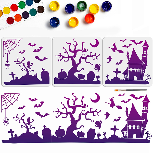 

PandaHall MAYJOYDIY 3pcs Halloween Stencils Spider Web Bat Pumpkin Witch Tower Stencil Splicing Style 11.8×11.8inch with Paint Brush...