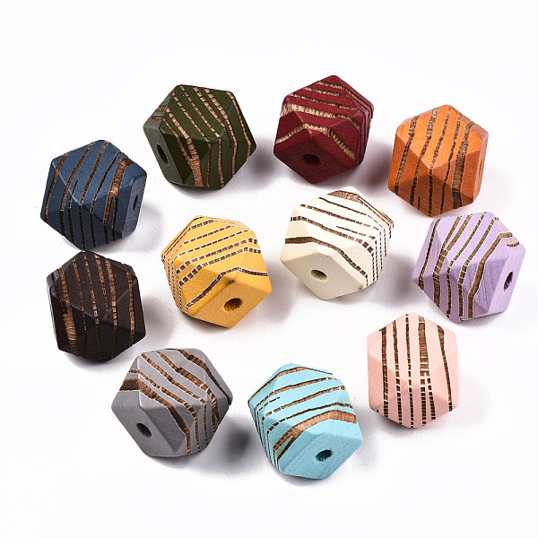 

PandaHall Painted Natural Wood Beads, Laser Engraved Pattern, Faceted, Polygon with Zebra-Stripe, Mixed Color, 16x15.5~16.5x15.5~16.5mm..., Multicolor