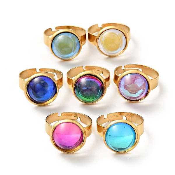 

PandaHall Flat Round K9 Glass Adjustable Ring, 304 Stainless Steel Jewelry for Women, Golden, Mixed Color, US Size 6(16.5mm), Ring Surface..., Multicolor