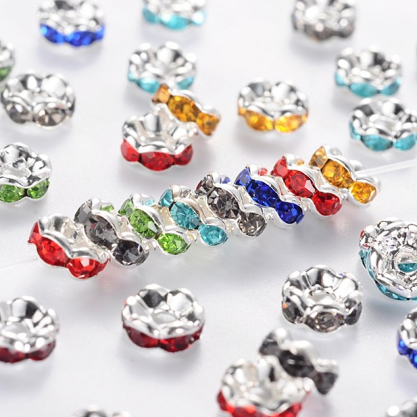 

PandaHall Brass Rhinestone Spacer Beads, Grade AAA, Wavy Edge, Nickel Free, Silver Color Plated, Rondelle, 6x3mm, Hole: 1mm Brass+Rhinestone..., Multicolor