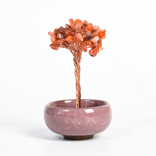 

PandaHall Natural Carnelian Chips Tree Display Decorations, with Random Color Porcelain Bowls, Copper Wire Wrapped Feng Shui Ornament for...