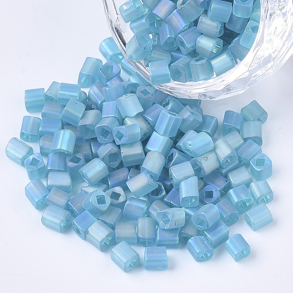 

PandaHall 6/0 Transparent Glass Seed Beads, Frosted AB Colours, Square Hole, Cube, Sky Blue, 6/0, 3~5x3~4x3~4mm, Hole: 1.2~1.4mm, about...