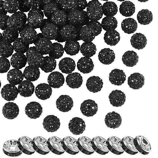 

PandaHall 100Pcs Polymer Clay Rhinestone Round Beads, with 10Pcs Brass Rhinestone Spacer Beads, Jet, PP13(1.9~2mm), 6 Rows Rhinestone, 10mm..., Black