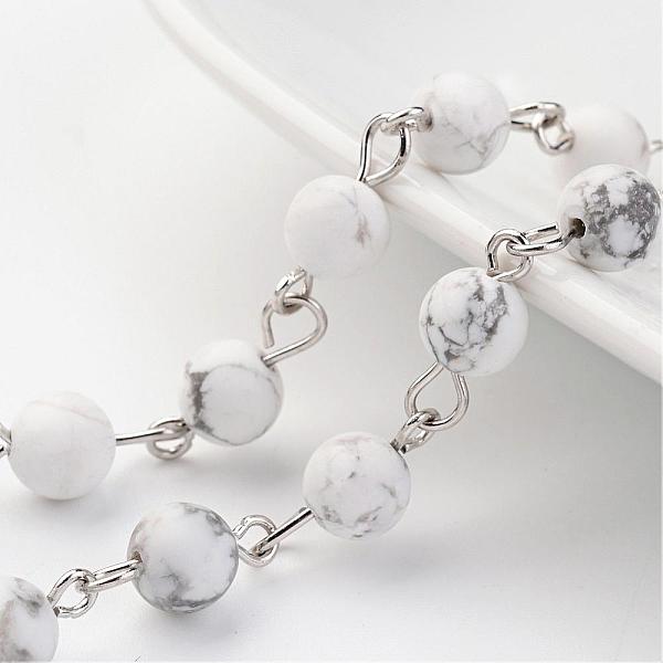 

PandaHall Handmade Chains, Natural Howlite Round Beaded Chains, Unwelded, with Brass Eye Pin, Silver Color Plated, 39.3 inch Howlite