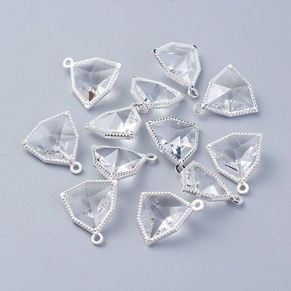 PandaHall Glass Pendants, with Eco-Friendly Alloy Open Back Berzel Findings, Faceted, Triangle, Silver Color Plated, Clear, 17x14.5x7mm