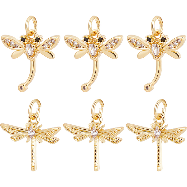 PandaHall Beebeecraft 12Pcs/Box 2 Style Dragonfly Charms 18K Gold Plated Brass Flying Animal Charms with Clear Cubic Zirconia Insect Animal...