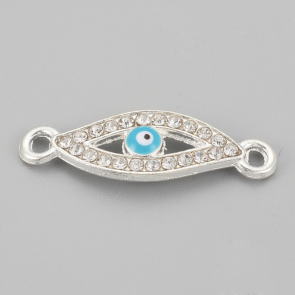 

PandaHall Alloy Rhinestone Links connectors, Cadmium Free & Lead Free, Evil Eye, Sky Blue, Silver Color Plated, 26x8x2mm, Hole: 1.5mm...