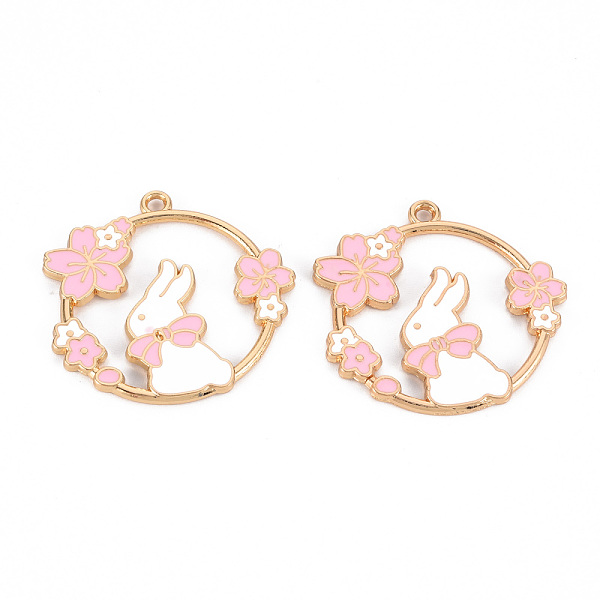 

PandaHall Eco-Friendly Alloy Enamel Pendants, Cadmium Free & Lead Free & Nickel Free, Light Gold, Ring with Rabbit and Sakura, Pink...