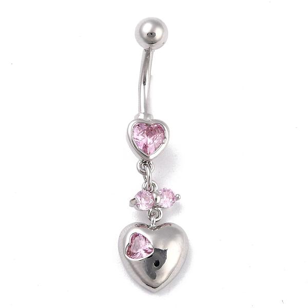 

PandaHall Piercing Jewelry, Brass Cubic Zirciona Navel Ring, Belly Rings, with 304 Stainless Steel Bar, Lead Free & Cadmium Free, Heart..., Pink