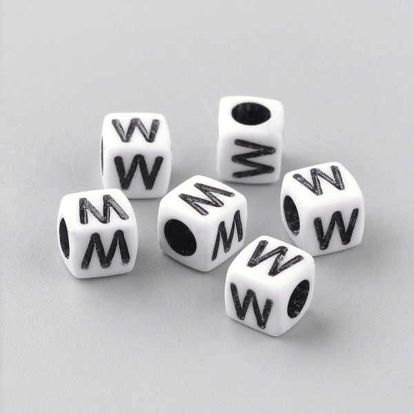 

PandaHall Opaque Acrylic Beads, Horizontal Hole, Letter Style, Cube, Letter.W, 6x6x6mm, Hole: 3mm, about 300pcs/50g Acrylic Cube