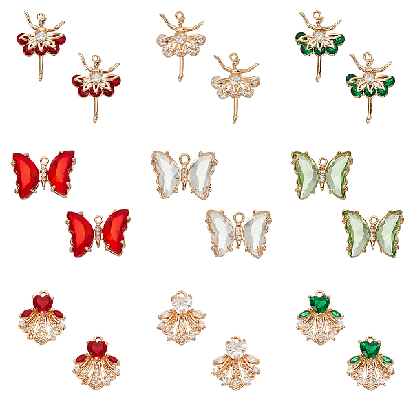 

PandaHall AHADERMAKER 18Pcs 9 Styles Glass Pendants, with Micro Pave Cubic Zirconia and Brass Open Back Settings, Butterfly/Girl/Dress..., Multicolor