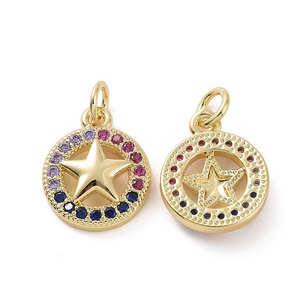 

PandaHall Brass Micro Pave Cubic Zirconia Charm, with Jump Rings, Flat Round with Star Charm, Pentagram Charm, Real 18K Gold Plated...