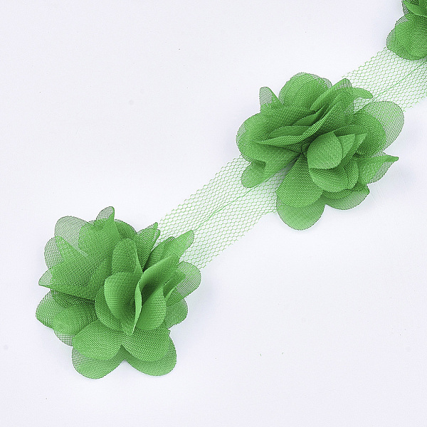 PandaHall Organza Flower Ribbon, Costume Accessories, For Party Wedding Decoration and Earring Making, Green, 50~60mm, about 10yard/bundle...