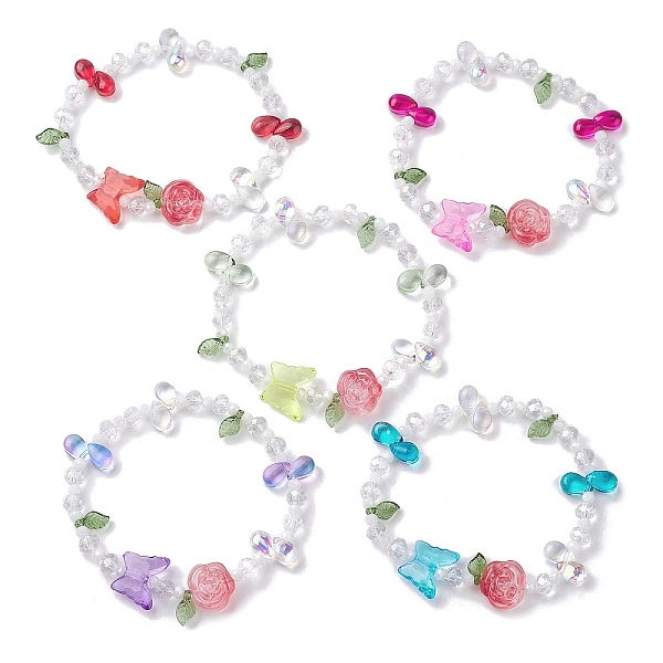 

PandaHall Butterfly & Flower Transparent Glass Stretch Bracelet, with Acrylic Charm, Mixed Color, 2-1/4 inch(5.7cm) Glass Multicolor