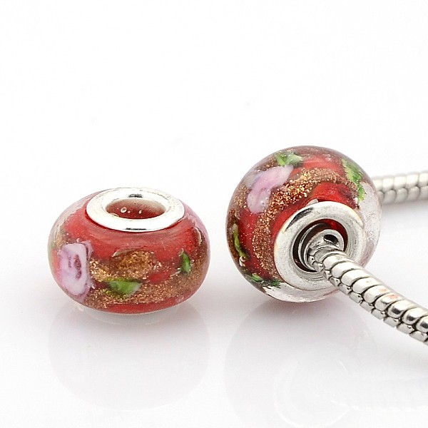 

PandaHall Handmade Gold Sand Lampwork European Large Hole Rondelle Beads, Inner Flower, with Silver Plated Brass Double Cores, FireBrick..., Red